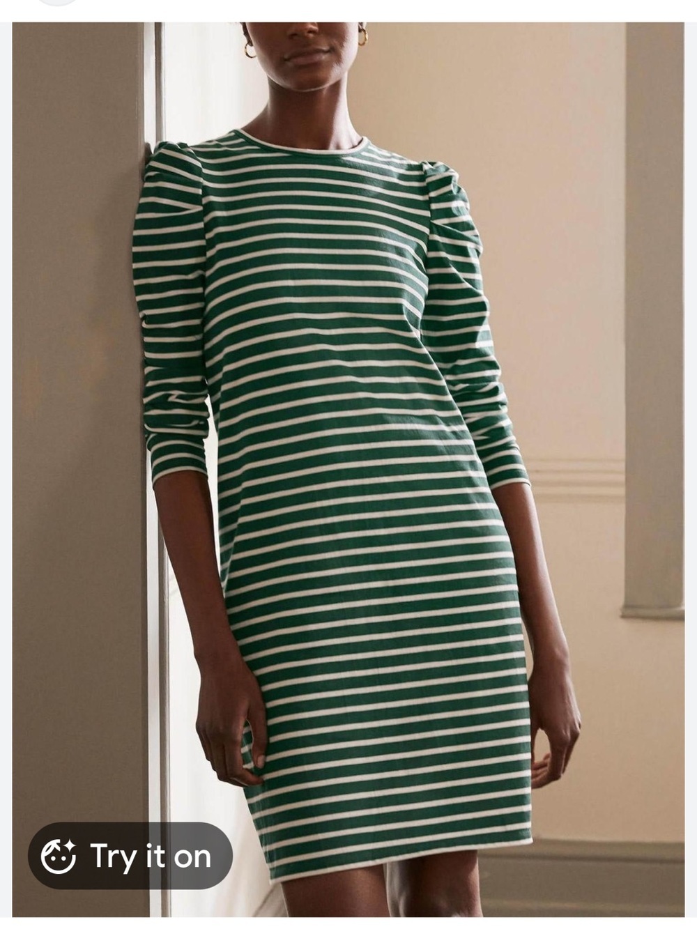 Boden Imogen Breton Mini Dress Green White Stripe Cotton Round Neck Long Sleeve